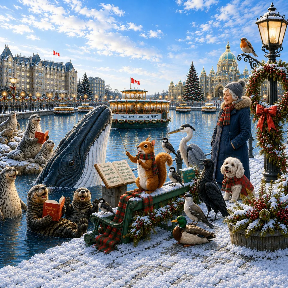 Illustration of Victoria's Inner Harbour in winter snow, with seals, otters, a whale and birds singing carols beside a harbour ferry